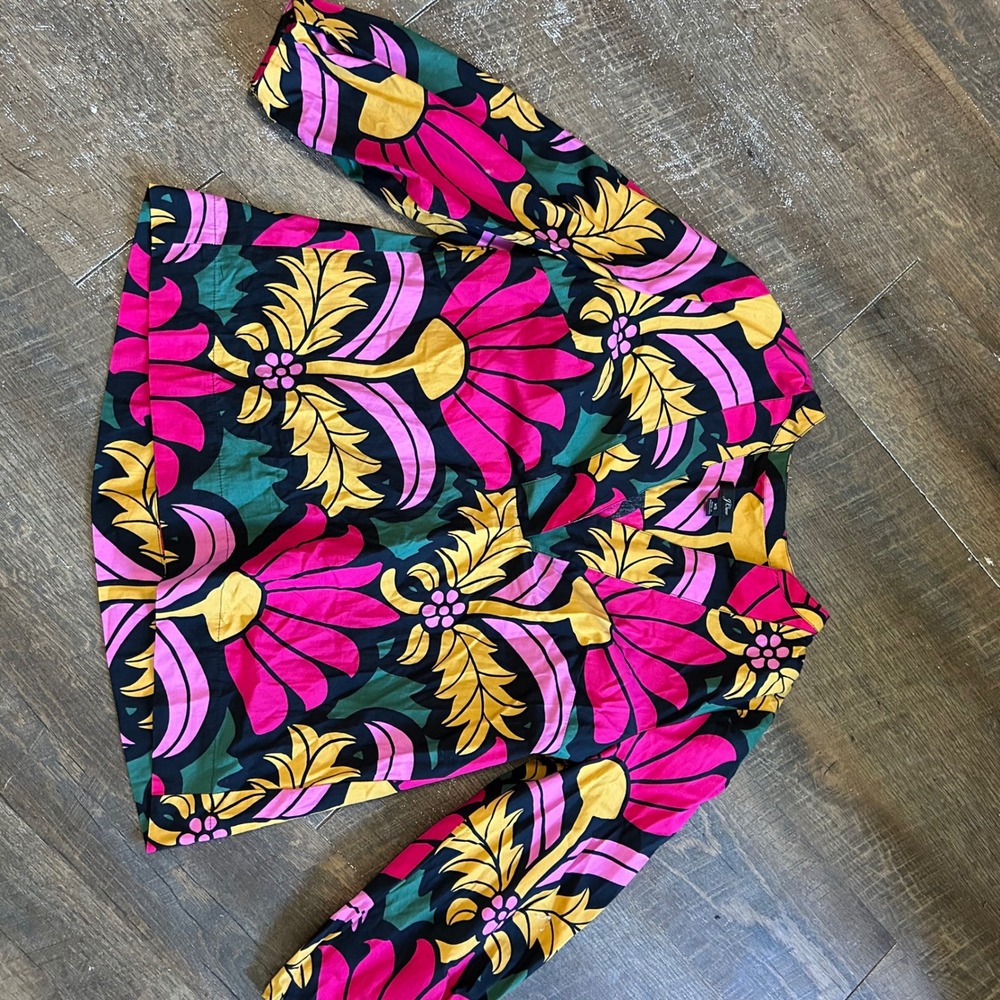 J.Crew Womens XS Floral Cotton Poplin Popover Blouse Pink Yellow Green Bold